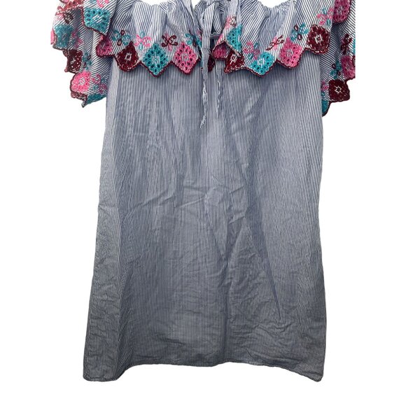 LOFT Embroidered Off Shoulder Blue Stripe Dress XS Boho Summer Casual - Picture 9 of 13